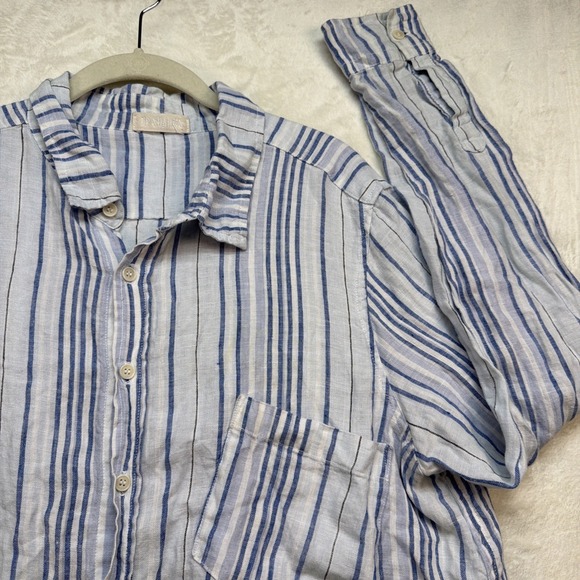 CP Shades Linen Shirt Blue White Stripe Button Up Long Sleeve Casual Mens L - Picture 2 of 9
